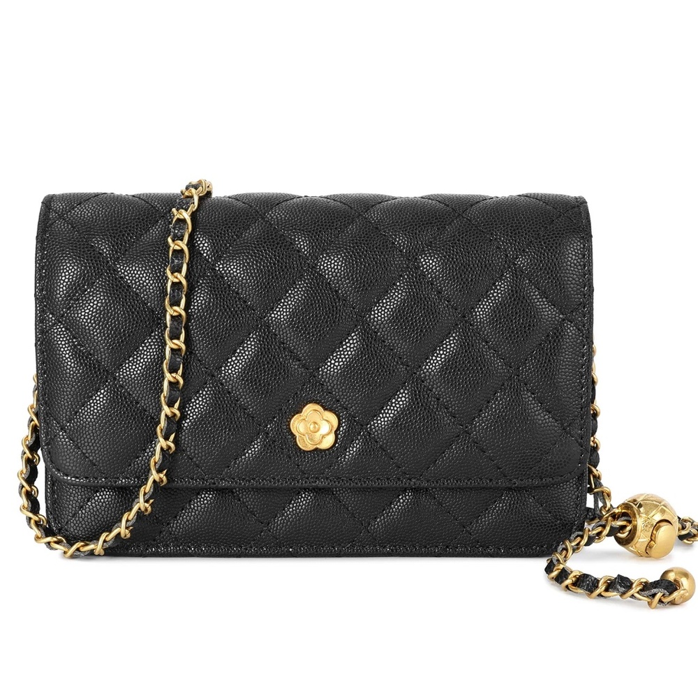 Tiffany & Fred Paris Quilted Caviar Leather Crossbody Shoulder Bag - Black